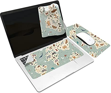 SenseAGE x ekax Microfasertuch Tastaturschutz mit attraktiv Bilder für 13 Zoll Laptop MacBook | 3 in 1 Mauspad, Bildschirmreiniger, Display-, Tastaturabdeckung | Notebook Schutztuch, Tier Weltkarte