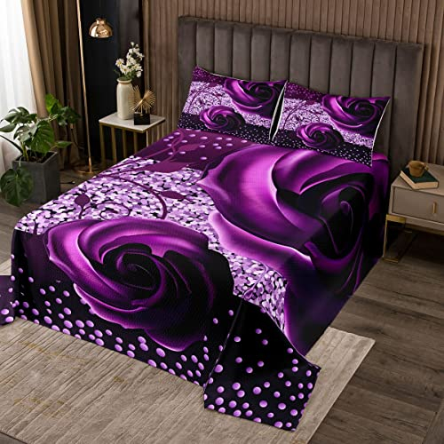 feelingyou Rose Flowers Tagesdecke 240x260cm,Lila Romantisches Blumen-Bettdecke-Set für Kinder Erwachsene, Glänzendes Pailletten-Kristall-Bettwäsche-Set mit 2 Kissenbezügen