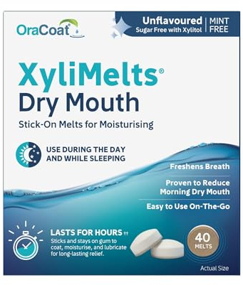 Xylimelts : Bouche Sèche 40 Pastilles Adhérentes Goût Légèrement Sucré| Soulage la Sécheresse Buccale Jour & Nuit| Action Jusqu’à 8h| Sans Sucre, au Xylitol| Discret & Naturel| Testé Cliniquement