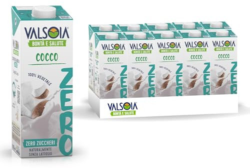 Valsoia - Bevanda Cocco Zero Zuccheri, Box da 10 Tetra Brik da 1000 ml, 100% Vegetale, Senza Lattosio, con Calcio e Vitamine, Ideale anche per Vegani, Vegetariani e Celiaci