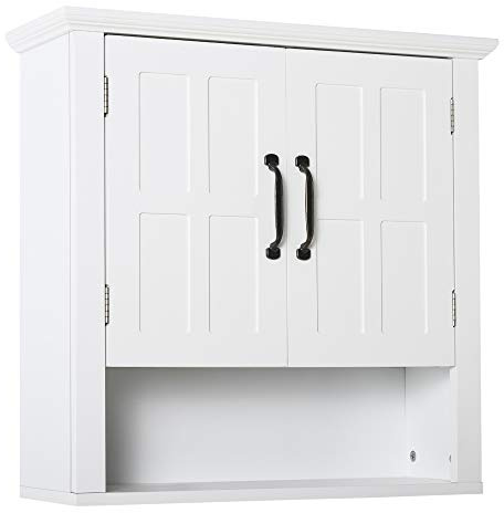 HOMCOM Armario de Pared para Baño Mueble Suspendido de Baño con 2 Puertas y Estante Ajustable y Almacenamiento Abierto para Aseo Dormitorio Ducha 60x19,8x58 cm Blanco