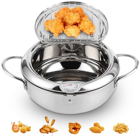 Pentola Giapponese Per Friggere, Pentola Per Tempura Con Termometro Compatibile Fornello A Induzione 24 Cm, Pentola Giapponese In Acciaio Inossidabile 304 Per Patatine Fritte (Misura grande 24 cm)