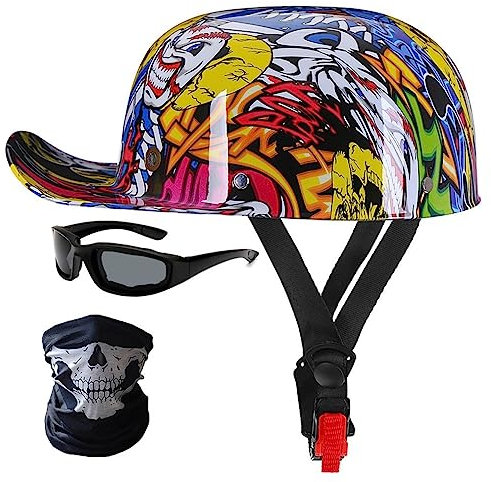 Halbschalenhelm Motorradhelm ECE-Zulassung Baseball Cap Mit Fahrradbrille Fahrradvisier Cruiser Chopper Scooter Helm Herren Retro Motorrad Halbhelm MäNner Frauen Mofa Helm 57-62cm