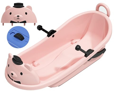 Plastic Snow Sled -Children's Cartoon Bear Sled, with Pulleys Big Backrest Sled, Plastic Sled, Thickened Sled