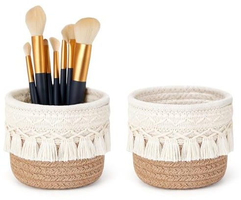 Kotkiddy 2 soportes para brochas de maquillaje, organizador, cepillo peine, mini cestas, cestas con decoración bohemia para bolígrafos, caja de lápices, contenedores, 10 x 10 cm, amarillo y blanco