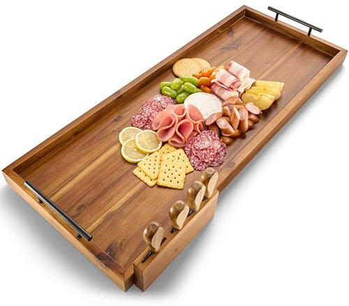 TIDITA Acacia 30 Inch Large Charcuterie Boards for Party with Cheese Knife Set of 4 – Acacia Wood Serving Tray with Handles, Long Charcuterie Board, Wooden Cheese Board