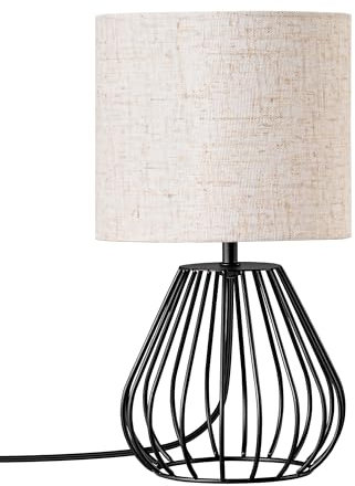 EDISHINE Bedside Lamp, Table Lamp with Metal Cage Base & Linen Lampshade, Modern Lamps for Living Room Bedroom, E14 Socket (Bulb Included), Teardrop Cage, Black