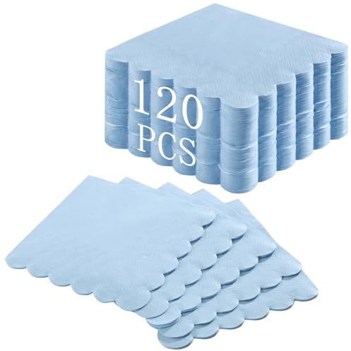 NatNarr Lot de 120 serviettes de table jetables festonnées pour fête côtière, anniversaire, fête prénuptiale, enterrement de vie de jeune fille, bleu clair, 12,7 x 12,7 cm