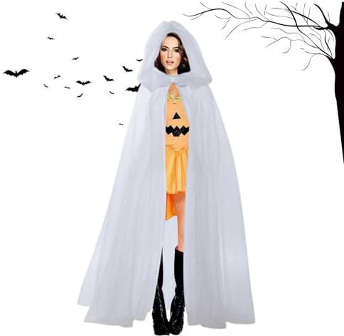 Kappa med huva för halloween – lång spökdräkt | trollkarlkappa | transparent tyllkappa | showkostym | halloween-huvkappa | lång cosplay-kappa | utklädnadsdräkt