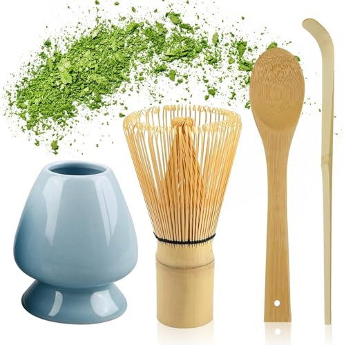 Lot de 4 fouets à matcha avec 2 cuillères à matcha, support pour la cérémonie du thé japonaise traditionnelle (bleu azure)
