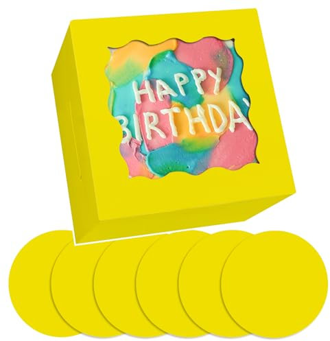Gcardist Lot de 5 boîtes à gâteau jaunes de 15,24 x 15,24 x 12,7 cm avec fenêtre et 5 planches rondes à gâteau jaunes de 15,24 cm, récipients à gâteau de 15,24 cm