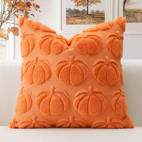 Artscope uppsättning med 1 ull pumpa örngott mjuk plysch kort ullsammet dekorativa örngott höst örngott soffkudde höstdekoration för soffa sovrum halloween orange, 50 x 50 cm