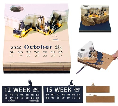 Calendario 3D 2026, Afenau, 9 x 9 x 5 cm, 3D Memo Pad Calendario 2026 con LED, Time Piece Calendar, Artsy Pads calendario per regalo, Natale, compleanno (Magic Castle)