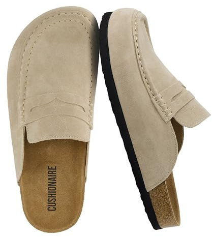 CUSHIONAIRE Fondu Genuine Leather Mule Clogs for Women, Comfortable Slip On Womens Shoes with Penny Strap Accent and Memory Foam Footbed, Biscuit 8