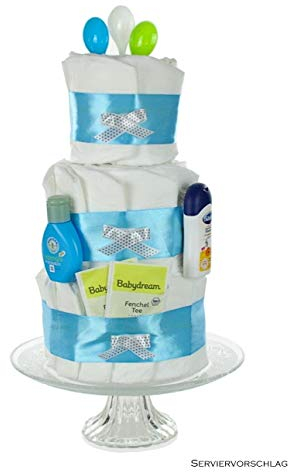 Windeltorte Junge blau - Geschenk zur Geburt,Taufe und Babyparty - Einzigartige Windeltorten von dubistda