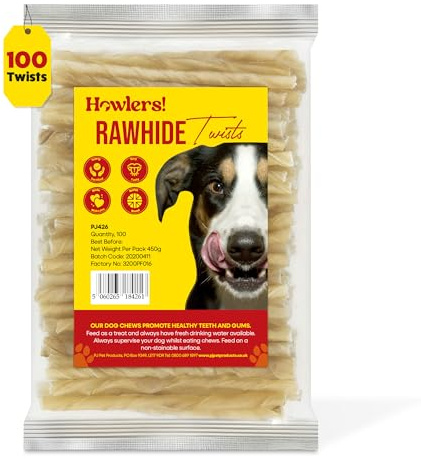 HOWLERS Natural 13cm Pack of 100 Dog Chew Rawhide Twists | Natural Dog Chews Stick For All Dogs | Delicious Dog Chew Sticks For Your Furry Friend