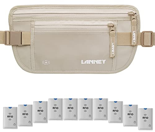 Travel Money Belt for Men Women RFID Blocking Concealed Waist Wallet Pouch Hidden Under Clothes Passport Holder Antitheft Waist Stash Bag for Travelling, Bonus 10 Credit Card Sleeves, Cream