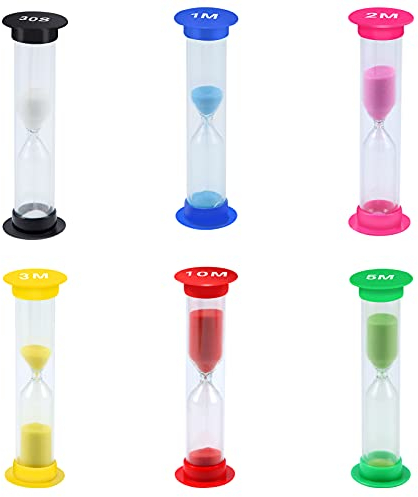 moinkerin 6 Stücke Sanduhren Set Sanduhren Klein Sanduhr 30s / 1min / 2mins / 3mins / 5mins / 10mins für Kinder, Die Zähne Putzen, Schule, Tagesbetreuung, Büro, Zeitgesteuerte Aktivitäten
