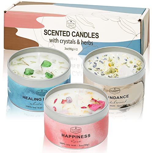 FUND AMLIGHT Kristall Duftkerzen Geschenkset für Frauen, 3er-Pack mit Sandelholz, Whitesage & Rose, Heilende Kristalle in Eisenbüchsen, Geschenk für Weihnachten, Yoga,Spa
