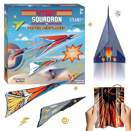 Creativity for Kids Fold and Launch Paper Airplanes - Create 80 Paper Planes, 2 Airplane Launchers, Crafts for Kids Age 6-8+