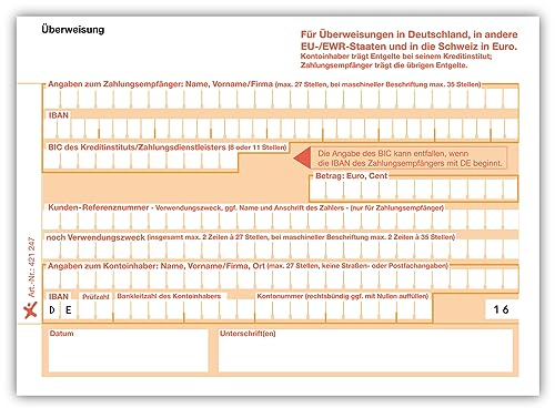 Litfax SEPA Überweisungsträger, 100 Stück - DIN A6, 1-fach ohne Durchschlag, einzeln 90g Beleglesepapier - Bankneutral für Überweisungen in Deutschland