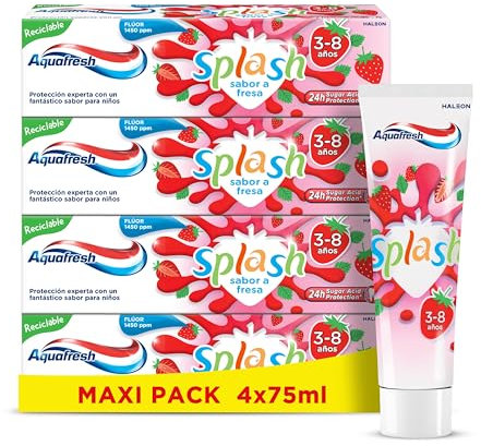 Aquafresh Splash Zahnpasta für Kinder von 3 bis 8 Jahren, Erdbeergeschmack mit Fluor, wirkt gegen Karies, 4 x 75 ml
