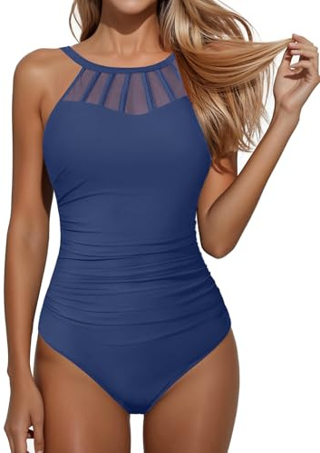 Holipick Grey Blue Women Tummy Control One Piece Swimsuit Modest Bathing Suit Full Coverage High Neck Swimwear L
