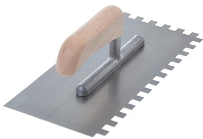 Aqbau® Zahnglättekelle 10x10 mm mit Holzgriff Glättekelle gezahnt Zahnkelle Fliesenkelle Gezahnte Rostfrei Traufel mit Zahnung 270 x 130 mm zum Verlegen von Fliesen