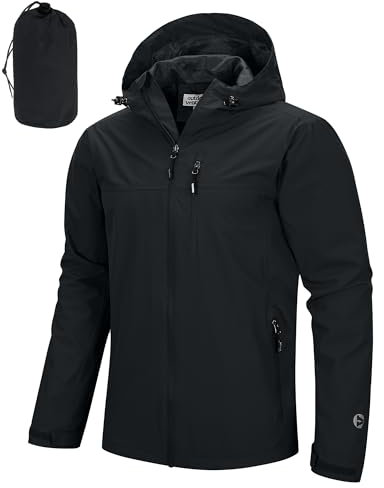 Outdoor Ventures Regenjacke Herren Wasserdicht Atmungsaktiv, Packbar Fahrrad Jacke Leichte Windbreaker zum Freizeit Wandern Camping Schwarz M