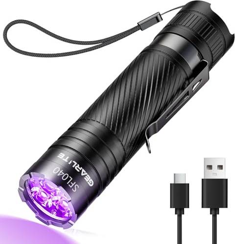 GEARLITE Wiederaufladbar UV Schwarzlicht Taschenlampe, Leicht Mini UV Lampe Ultraviolettes Licht mit 3LED 395nm Robust Wasserfest für Bernsteinsuche Geocaching Heimtierurindetektoren Unechte Banknoten