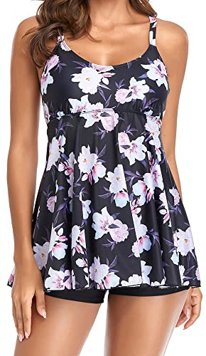 Women's Leaf Flower Print Tankini Swimsuits Sleeveless Vest Solid Shorts 2 Piece Swimwear Summer Fashion Casual Bathing Suits (A-Black Pink Flower, XXXL)
