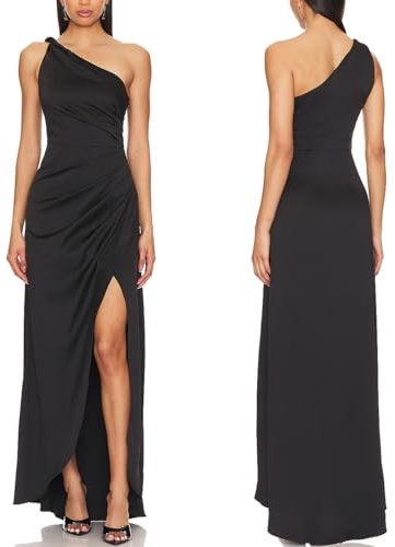 Capuffy Women's Sexy One Shoulder Long Formal Dress Ruched Waist High Split Cocktail Wedding Guest Party Maxi Dress 02(Black,M)