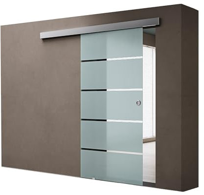 doporro Porta Scorrevole in Vetro Esterno Muro con Binario 90 x 215 cm, Vetro Satinato Opaco con Righe Trasparenti 8 mm, Porte Interne Scorrevoli per Bagno Cucina Studio