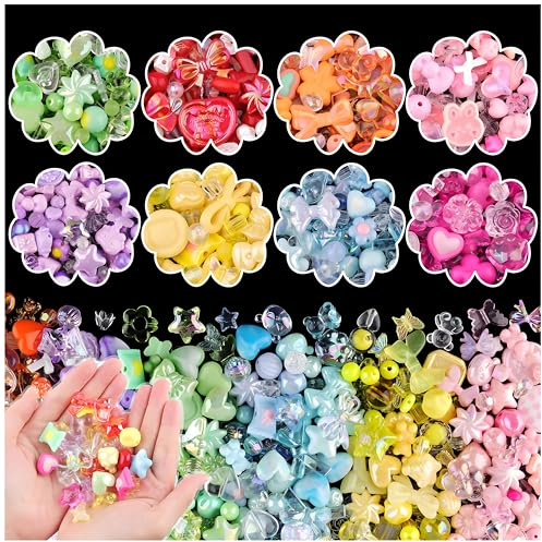 Acidea 380-400 st blandade akrylpärlor för armbandstillverkning, blomrosett fjäril godis stjärna hjärta gummibjörn Kawaii estetiska pärlor, söt för smyckestillverkning gör-det-själv halsband