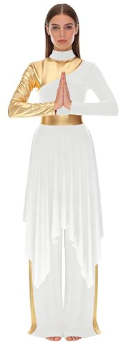 Manyakai Traje de Danza Cristiana de Alabanza Festiva con Patchwork Brillante para Mujer Manga Larga con Vestido Ballet Lírico de Tul y Pantalones Anchos de Baile