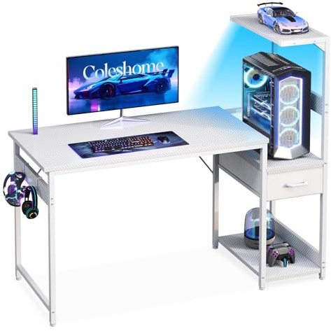 Coleshome 120×48 cm Gaming Desk with LED Lights, Reversible Computer Desk with Drawers & Display Shelves, Gaming Table with Headphone Hook, Carbon Fiber White