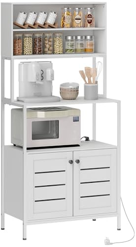 HOMCOM Scaffale Cucina con Ripiani, 2 Prese di Ricarica USB e AC, Scaffale per Microonde con Armadietti con Porte a Persiana, Mobile Cucina Salvaspazio in Legno e Acciaio, 80x42x171 cm, Bianco
