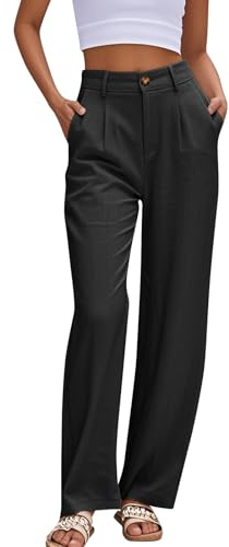 Muwodkdn Pantalon Femme Fluide Été Pantalon Taille Haute Elastique Jambe Droite Femme Pantalons Bureau Chic et Elegant Pants Décontracté Léger Palazzo Plissé avec Poches Noir S