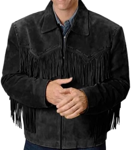 AQUBLARM Mens Fringe Jacket - Western Cowboy Brown Faux Suede Leather Fringed Jacket with Fringes, Mens Black Fringe Jacket, XL