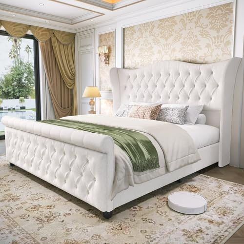 koorlian King Size Bed Frame,Chenille Upholstered Bed Frame, Sleigh Platform Bed with 51 Tall Wingback Headboard 27 Scroll Footboard,Luxury Deep Curved Tufted,No Box Spring Required,Cream