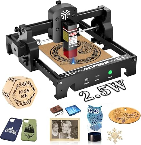 Macchina per incisione laser Acmer S1, 2,5 W, taglierina laser, 10.000 mm/min, 130 mm x 130 mm, Precisione grazie a un faretto laser da 0,08 x 0,08 mm, potenza 24 W, macchina per incisione laser per