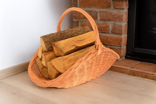 Aqbau® Panier en osier pour bois de chauffage – Panier à bûches naturel fait main, avec poignée – Range-bûches déco pour cheminée, format L, 58 x 35 cm