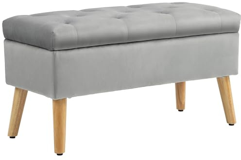 HOMCOM Banc de Rangement, Coffre de Rangement, avec Couvercle, Tissu Effet Velours, Pieds en Bois, Charge jusqu'à 120 kg, pour Salon, Chambre, entrée, 80 x 35 x 42 cm, Gris