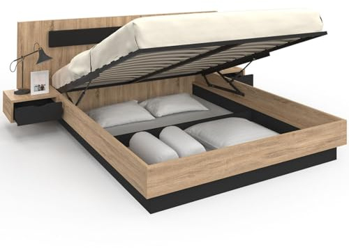 IDMarket - Lit Coffre Double Santa avec tête de lit + Tables de Chevet intégrées et sommier 160 x 200 cm Bois et Noir