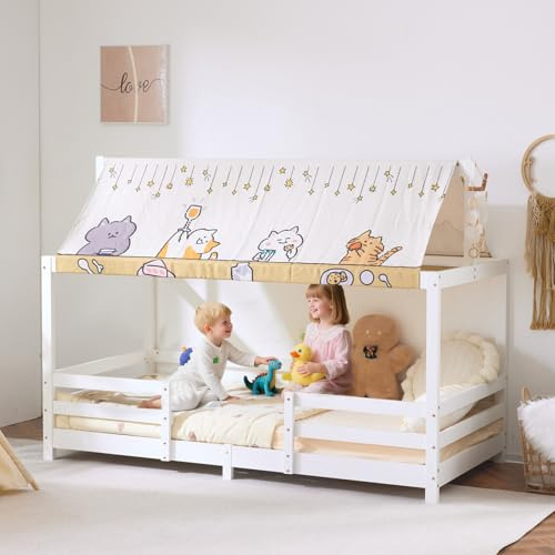 LEADZM Lit cabane Enfant，avec baldaquin en Tissu 90x200cm (Blanc)