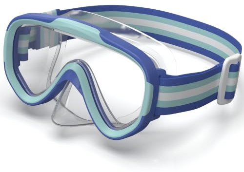 ACURE Gafas de natación para niños y niñas de 3 a 14 años, juego de máscara de esnórquel antivaho con cubierta para la nariz y correa de tela, máscara de buceo para niños en piscina para jóvenes (azul