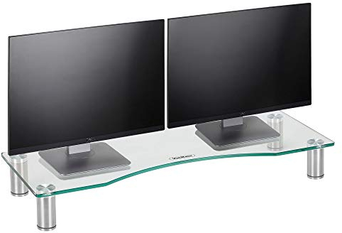 VonHaus Glass Monitor Stand for Desks, Height Adjustable Screen Riser, 58x21cm Tempered Glass Monitor Stand w/Aluminium Legs, 20Kg Capacity