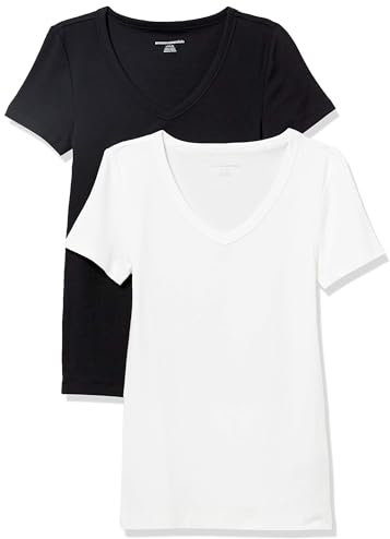 Amazon Essentials Women's Slim-Fit Short-Sleeve V-Neck T-Shirt, Pack of 2, Black/White, XL
