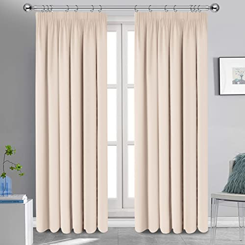 Oxford Homeware Blackout Curtains Bedroom Pencil Pleat Readymade Living Room Window Curtain Tape Top Thermal Insulated Kitchen Curtains+ 2 Tiebacks (Cream, 66 x 72 (168cm x 183cm))