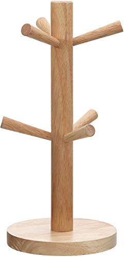 Acense Rubberwood Mug Tree [Brown], 6 Cups Holder, Wide Anti-Slip Base, [31 cm(H) x14 cm(W) x14 cm(D)], Multi-Purpose, Scratch-Resistant, Eco-Friendly, Antifungal
